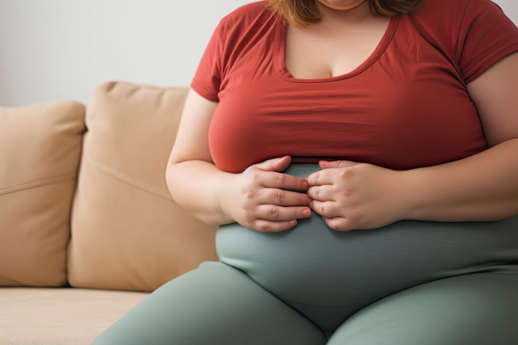 A close up of a woman with obesity that is caused by unhealthy food.Generate Ai